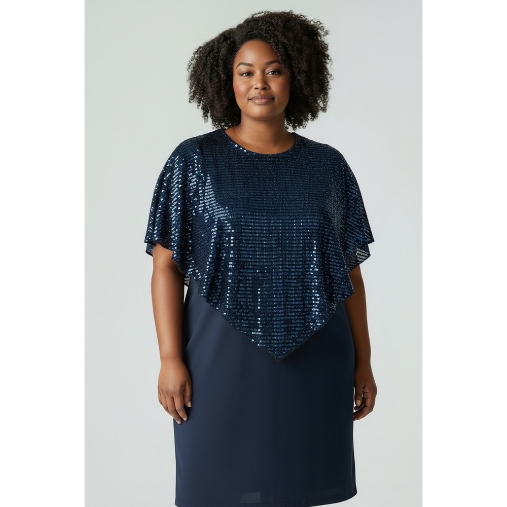 Enfocus Women Navy Blue Sequin Popover Capelet Sheath Dress 20W Cocktail Formal